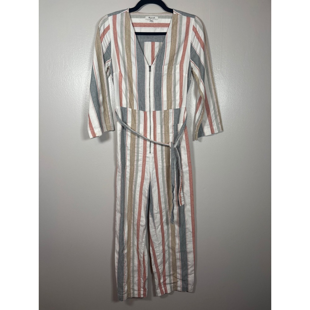 Madewell Striped Cotton Zip Front Jumpsuit Multi Color V-Neck Belted Womens 00